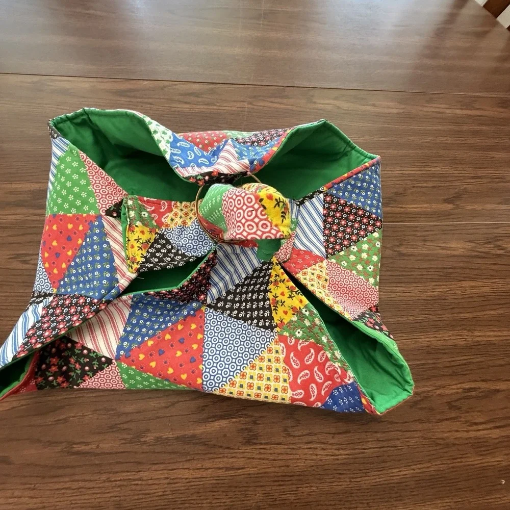 Vintage Reversible Casserole Carrier Patchwork Kelly Green Hot Dish Tote Farm